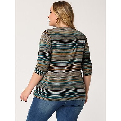 Women's Plus Size Stripe Knitted Boho 3/4 Sleeve V Neck Top