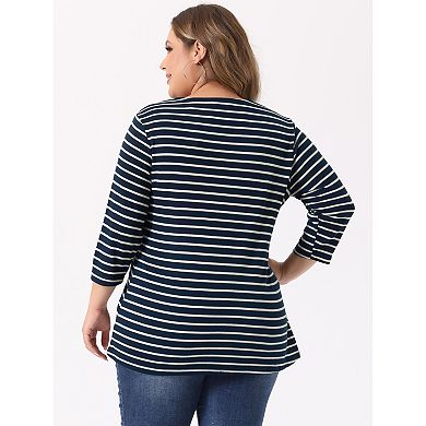 Women's Plus Size Stripe Knitted Boho 3/4 Sleeve V Neck Top