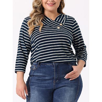 Women's Plus Size Boho Striped Knitted 3/4 Sleeve V Neck Top