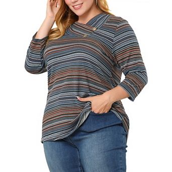 Women's Plus Size Boho Striped Knitted 3/4 Sleeve V Neck Top
