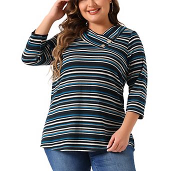 Women's Plus Size Boho Striped Knitted 3/4 Sleeve V Neck Top