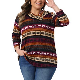 Women's Plus Size Boho Striped Knitted 3/4 Sleeve V Neck Top