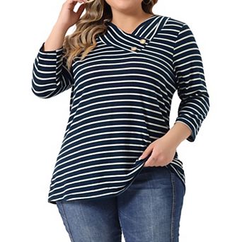 Women's Plus Size Boho Striped Knitted 3/4 Sleeve V Neck Top