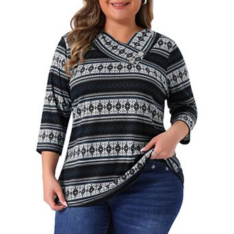 Women's Plus Size Boho Striped Knitted 3/4 Sleeve V Neck Top