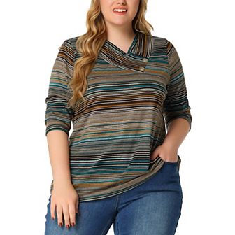 Women's Plus Size Boho Striped Knitted 3/4 Sleeve V Neck Top