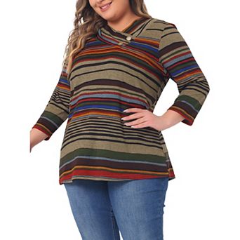 Women's Plus Size Boho Striped Knitted 3/4 Sleeve V Neck Top