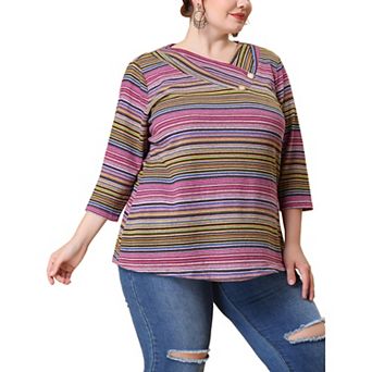 Women's Plus Size Boho Striped Knitted 3/4 Sleeve V Neck Top