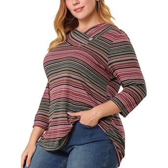 Women's Plus Size Boho Striped Knitted 3/4 Sleeve V Neck Top