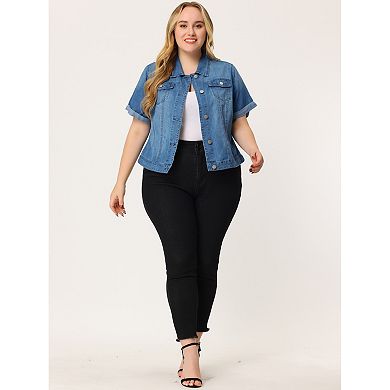 Women's Plus Size Fall Button Down Crop Jean Trucker Denim Jacket