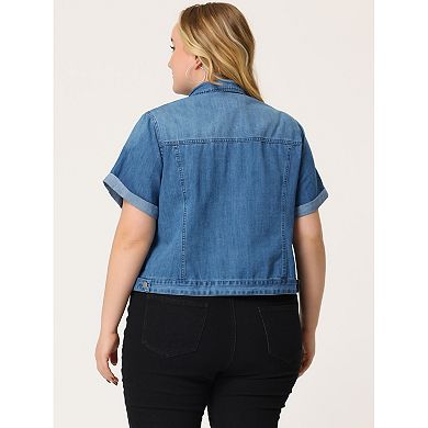 Women's Plus Size Fall Button Down Crop Jean Trucker Denim Jacket