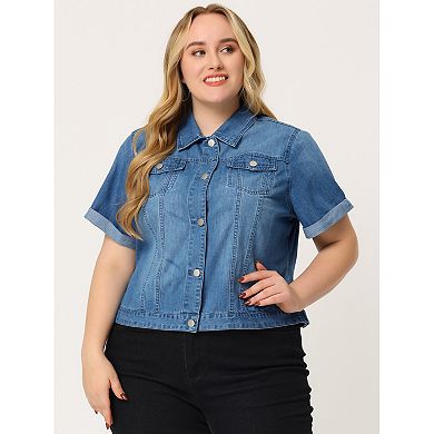 Women's Plus Size Fall Button Down Crop Jean Trucker Denim Jacket