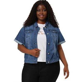 Women's Plus Size Fall Button Down Crop Jean Trucker Denim Jacket