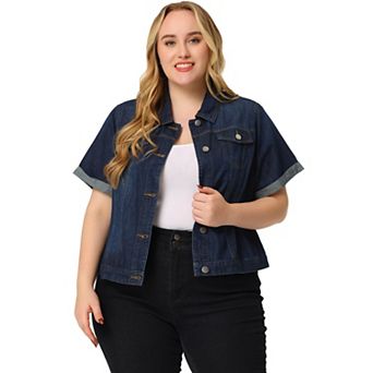 Women's Plus Size Fall Button Down Crop Jean Trucker Denim Jacket