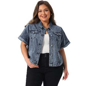 Women's Plus Size Fall Button Down Crop Jean Trucker Denim Jacket