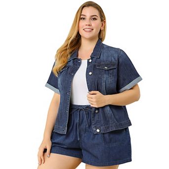 Women's Plus Size Fall Button Down Crop Jean Trucker Denim Jacket