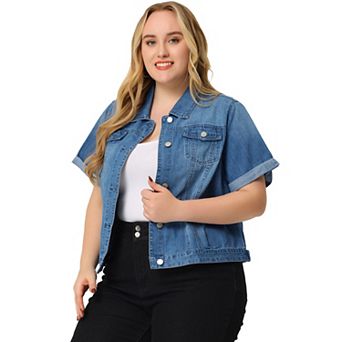 Women's Plus Size Fall Button Down Crop Jean Trucker Denim Jacket