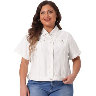 Women's Plus Size Fall Button Down Crop Jean Trucker Denim Jacket