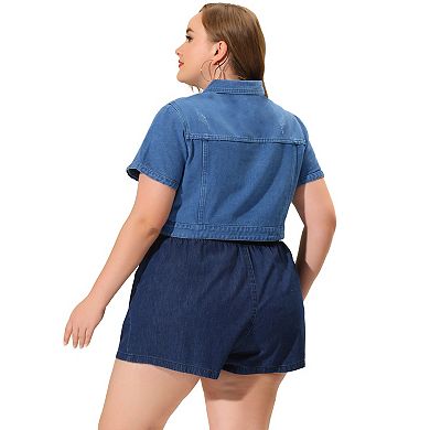 Women's Plus Size Cropped Wash Short Sleeves Denim Jacket