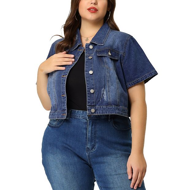 Women s Plus Size Cropped Wash Short Sleeves Denim Jacket Color Blue Size 3X Size 3XL