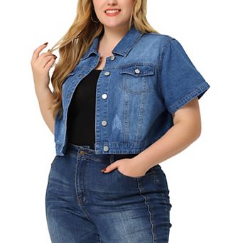 Plus Size Denim Jacket for Women Short Sleeves Button Down Cropped Jean Jackets
