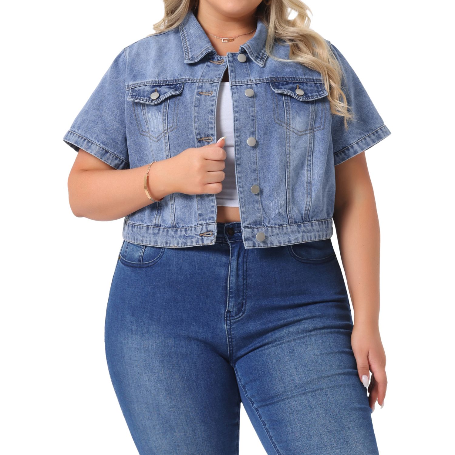 Plus Size Denim Jacket for Women Short Sleeves Button Down Cropped