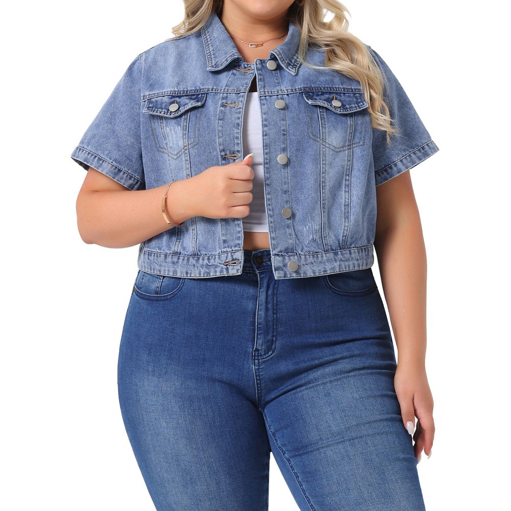 ジャケット・アウター OVER SIZE DENIM JACKET WITH CULOTTE Plus Size Denim Jacket for Women Short Sleeves Button Down Cropped