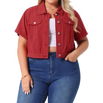 Women's Plus Size Cropped Wash Short Sleeves Denim Jacket