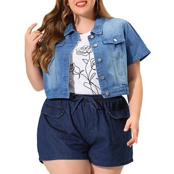 Plus Size Denim Jacket for Women Short Sleeves Button Down Cropped Jean Jackets