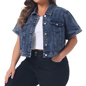 Plus Size Denim Jacket for Women Short Sleeves Button Down Cropped Jean Jackets