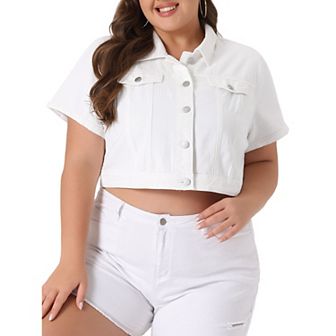 Women's Plus Size Cropped Wash Short Sleeves Denim Jacket