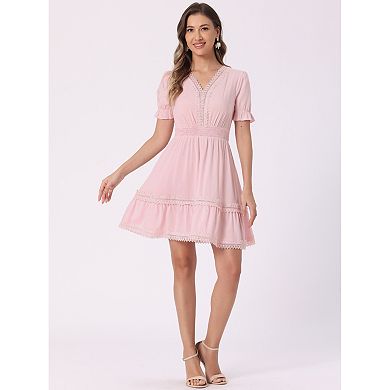 Women's Solid V Neck Smocked Elastic Waist Short Sleeve Mini Dress