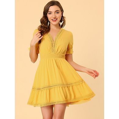 Women's Solid V Neck Smocked Elastic Waist Short Sleeve Mini Dress