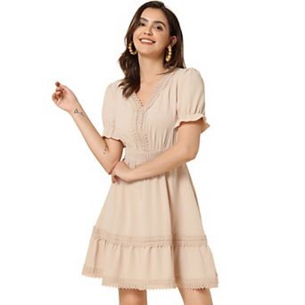 Women's V Neck Smocked Elastic Waist Short Sleeve Mini Dress