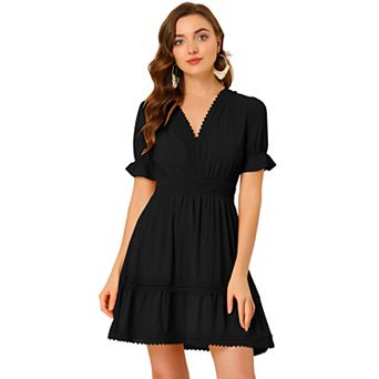 Women's V Neck Smocked Elastic Waist Short Sleeve Mini Dress