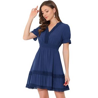 Women's V Neck Smocked Elastic Waist Short Sleeve Mini Dress