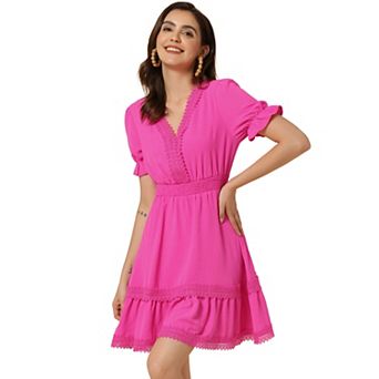 Women's V Neck Smocked Elastic Waist Short Sleeve Mini Dress