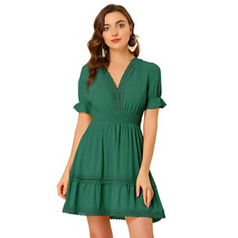 Women's V Neck Smocked Elastic Waist Short Sleeve Mini Dress