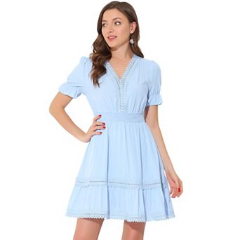 Women's V Neck Smocked Elastic Waist Short Sleeve Mini Dress