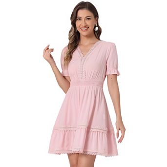 Women's V Neck Smocked Elastic Waist Short Sleeve Mini Dress