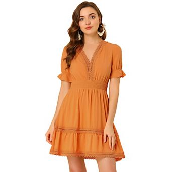 Women's V Neck Smocked Elastic Waist Short Sleeve Mini Dress