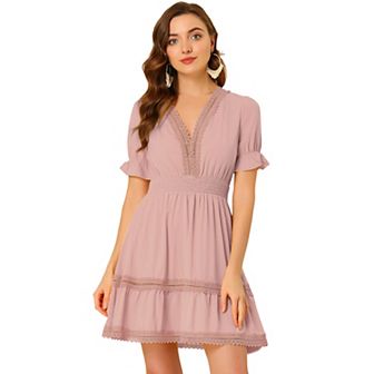 Women's V Neck Smocked Elastic Waist Short Sleeve Mini Dress