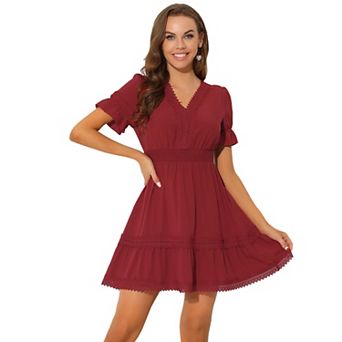 Women's V Neck Smocked Elastic Waist Short Sleeve Mini Dress