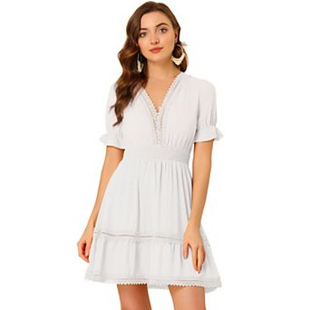 Women's V Neck Smocked Elastic Waist Short Sleeve Mini Dress