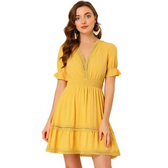 Women's V Neck Smocked Elastic Waist Short Sleeve Mini Dress
