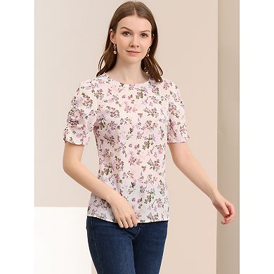 Women's Floral Blouse Crew Neck Casual Shirred Short Sleeve Top