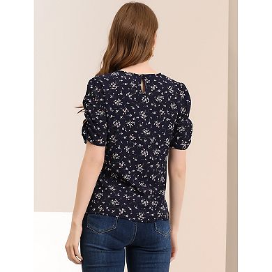 Women's Floral Blouse Crew Neck Casual Shirred Short Sleeve Top