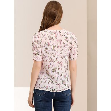 Women's Floral Blouse Crew Neck Casual Shirred Short Sleeve Top