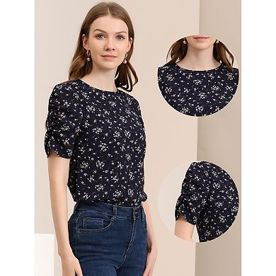 Women's Floral Crew Neck Casual Shirred Short Sleeve Blouse