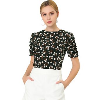 Women's Floral Crew Neck Casual Shirred Short Sleeve Blouse