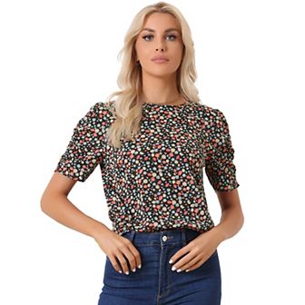 Women's Floral Crew Neck Casual Shirred Short Sleeve Blouse